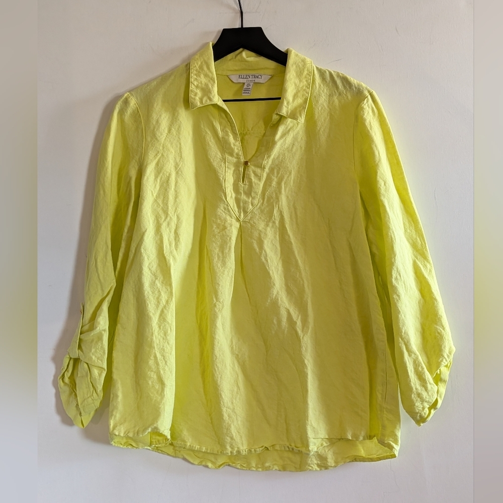 Ellen Tracy Linen Blend Lemon Yellow Roll Tab Popover Blouse Lg Summer Spring